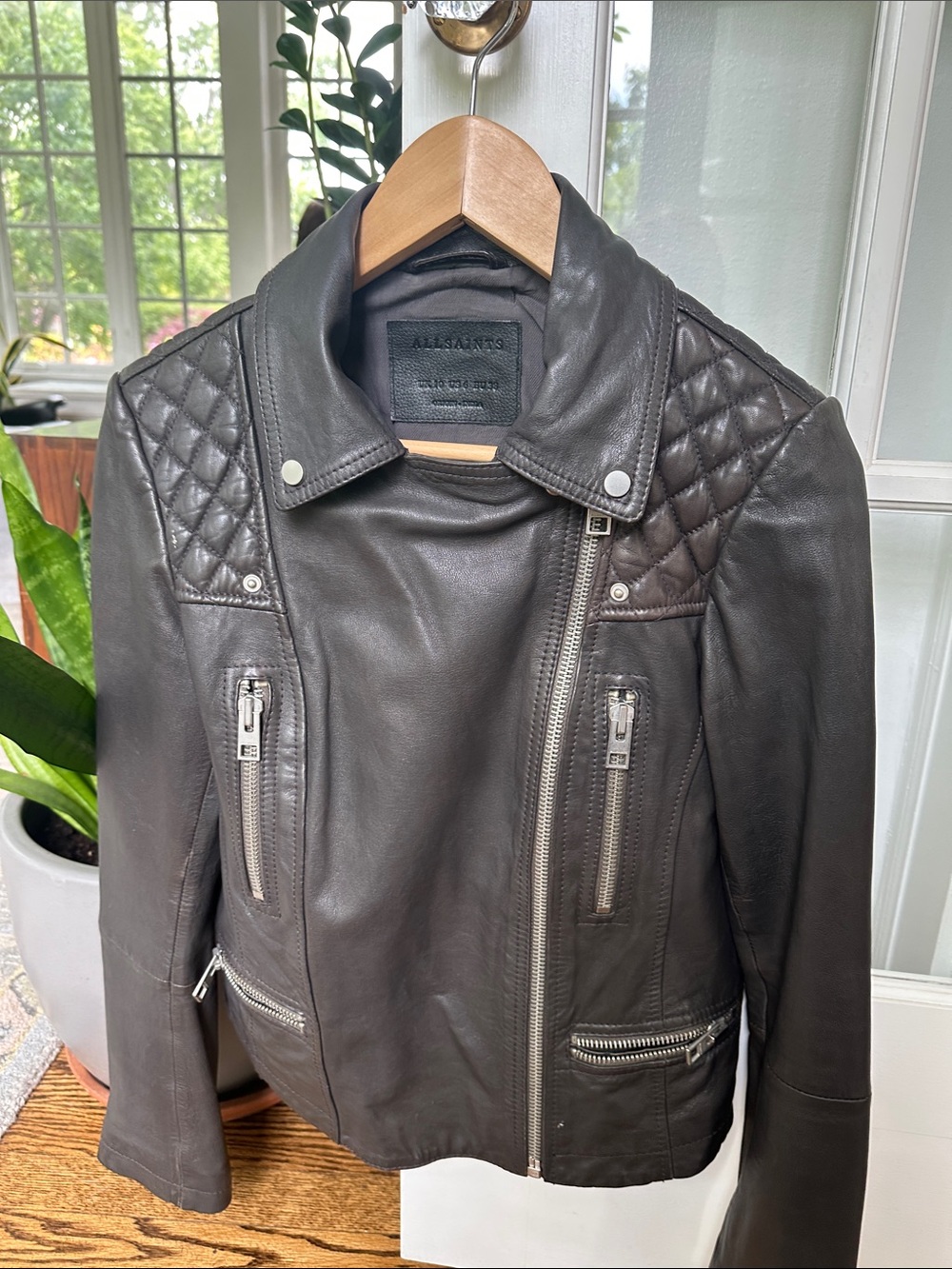 AllSaints Black Quilted Leather Biker Jacket with Silver Hardware